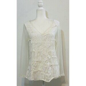 Sundance Women Size M White Floral V-neck Blouse Polka Dot Embroidered Business